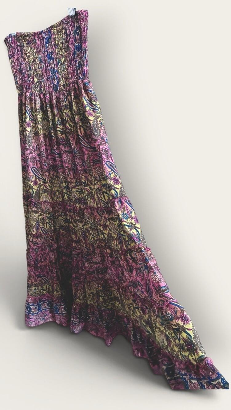 Jessica Taylor Strapless Smocked Maxi Dress Boho Paisley Floral Print Free Sz